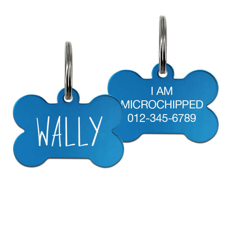 Blue Bone-Shaped Dog Tags - 'Wally' and 'I Am Microchipped' with Contact Number