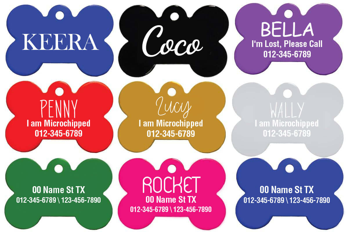 Custom engraved bone-shaped dog tags with clear text engraving