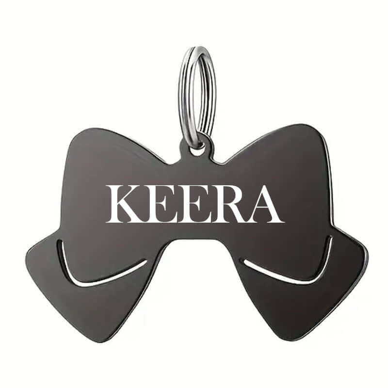 Stainless steel bow tie pet tag with engraved details