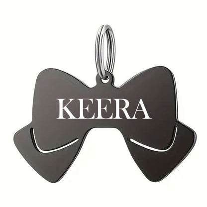 Stainless steel bow tie pet tag with engraved details