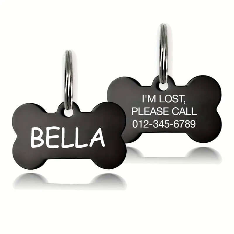 Bone-shaped dog tag with custom engraving in stainless steel