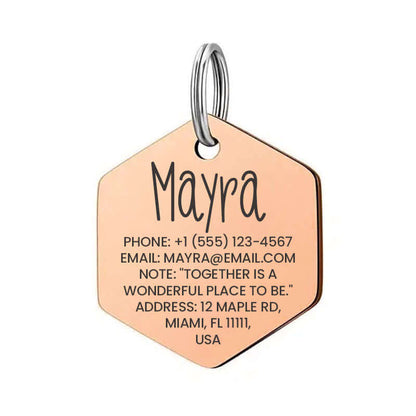 Hexagon pet tag with custom engraving for pets or luggage