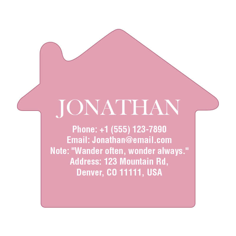 House-shaped pet tag with custom engraved dog tag details