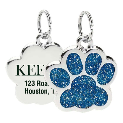 Glitter paw engraved pet ID tag in stainless steel finish