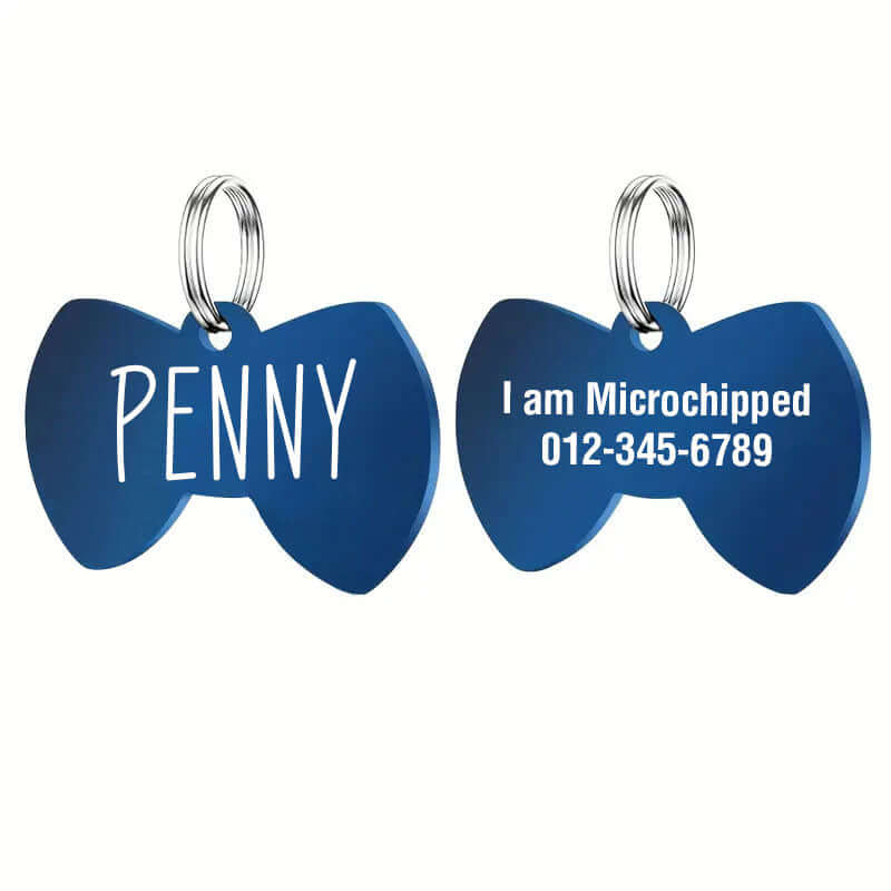 Stainless steel bow tie pet tag with engraved details