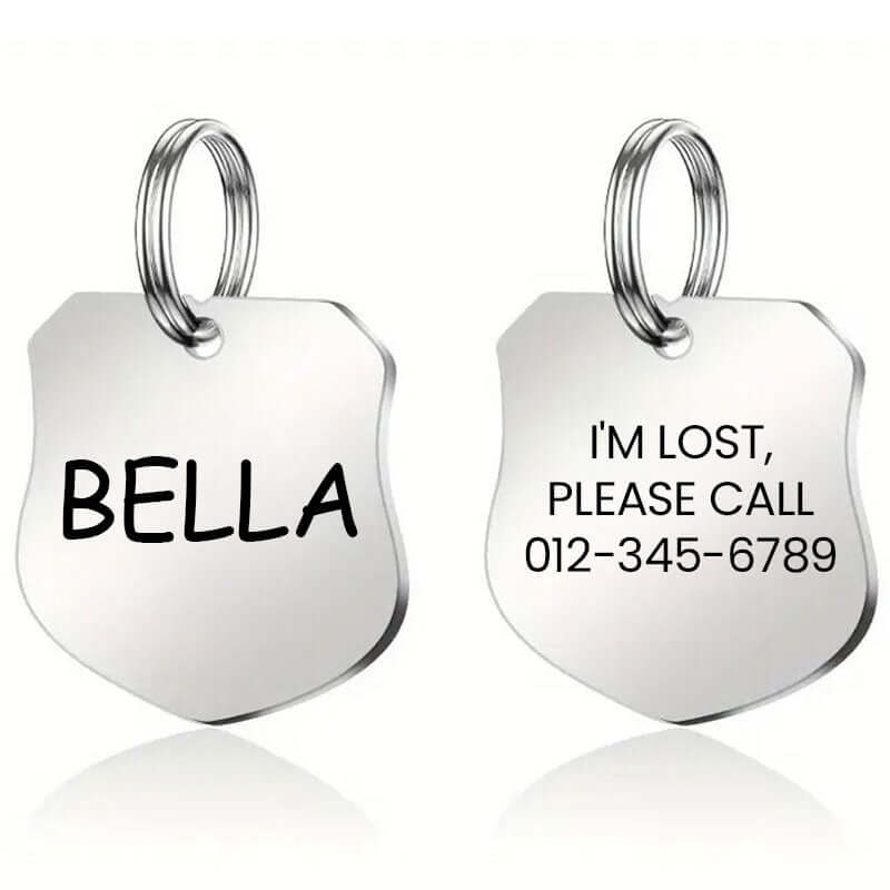 Custom engraved stainless steel pet tag shield shape