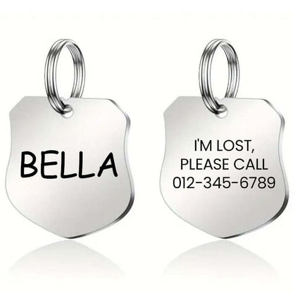 Custom engraved stainless steel pet tag shield shape