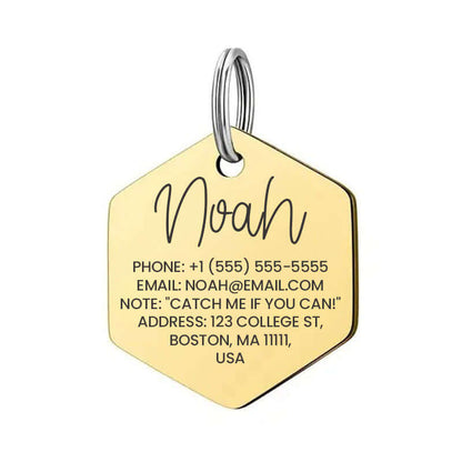 Hexagon pet tag with custom engraving for pets or luggage