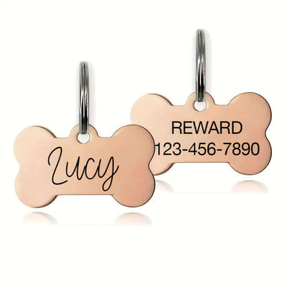 Bone-shaped dog tag with custom engraving in stainless steel