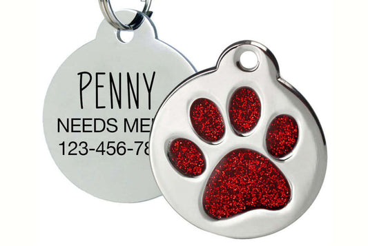 Engraved pet tag with glitter paw design for custom pet ID