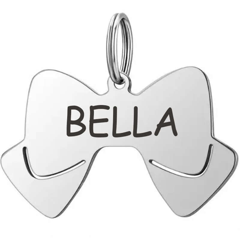 Stainless steel bow tie pet tag with engraved details