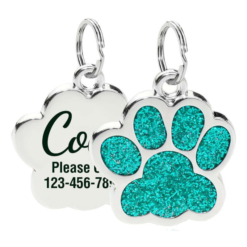 Glitter paw engraved pet ID tag in stainless steel finish