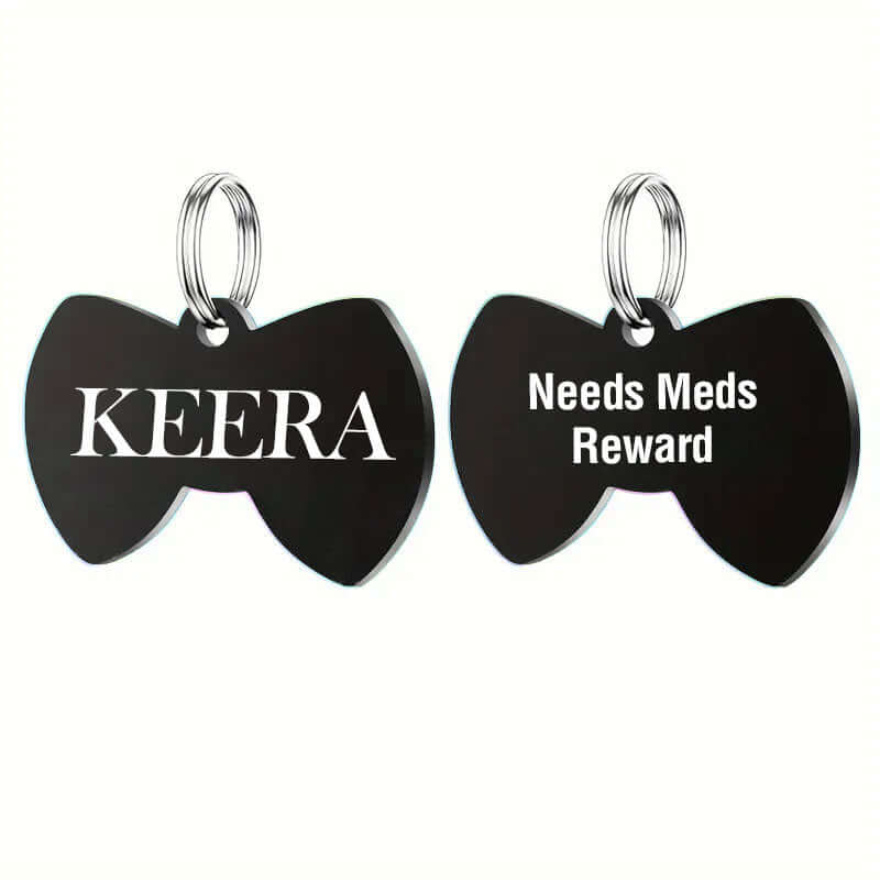 Stainless steel bow tie pet tag with engraved details