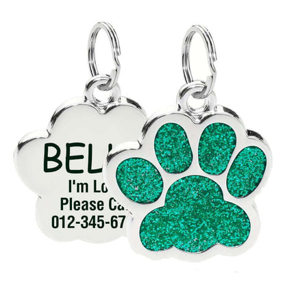 Glitter paw engraved pet ID tag in stainless steel finish