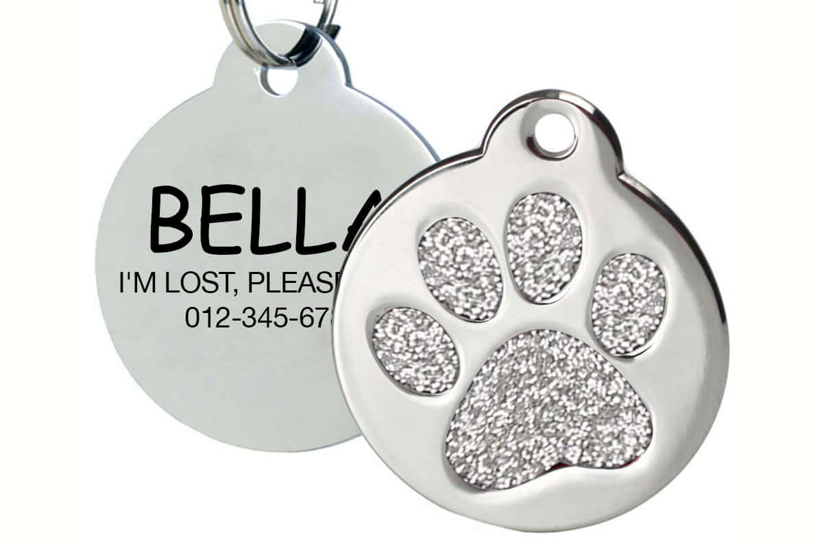 Engraved pet tag with glitter paw design for custom pet ID