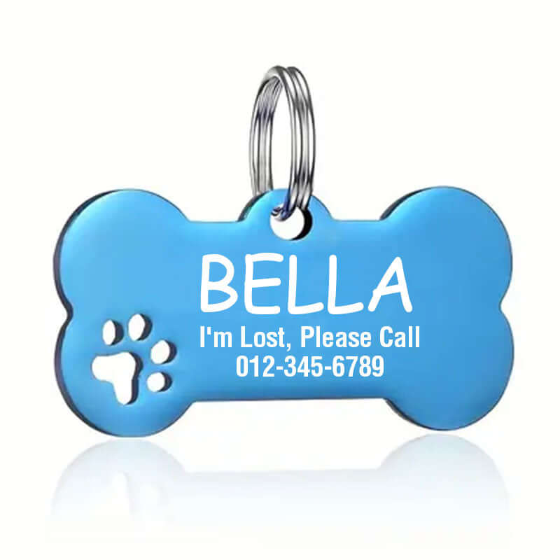 Bone dog tag with custom paw print engraving for pet ID