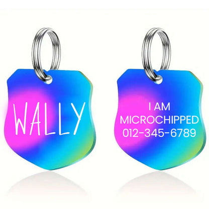 Custom engraved stainless steel pet tag shield shape