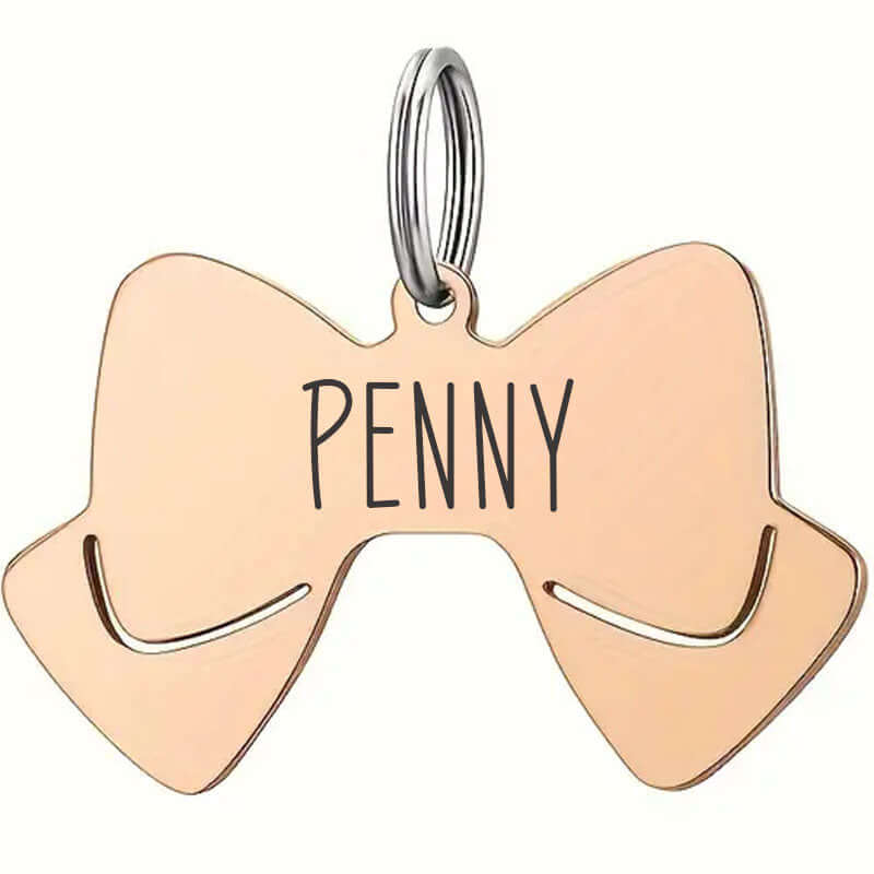 Stainless steel bow tie pet tag with engraved details