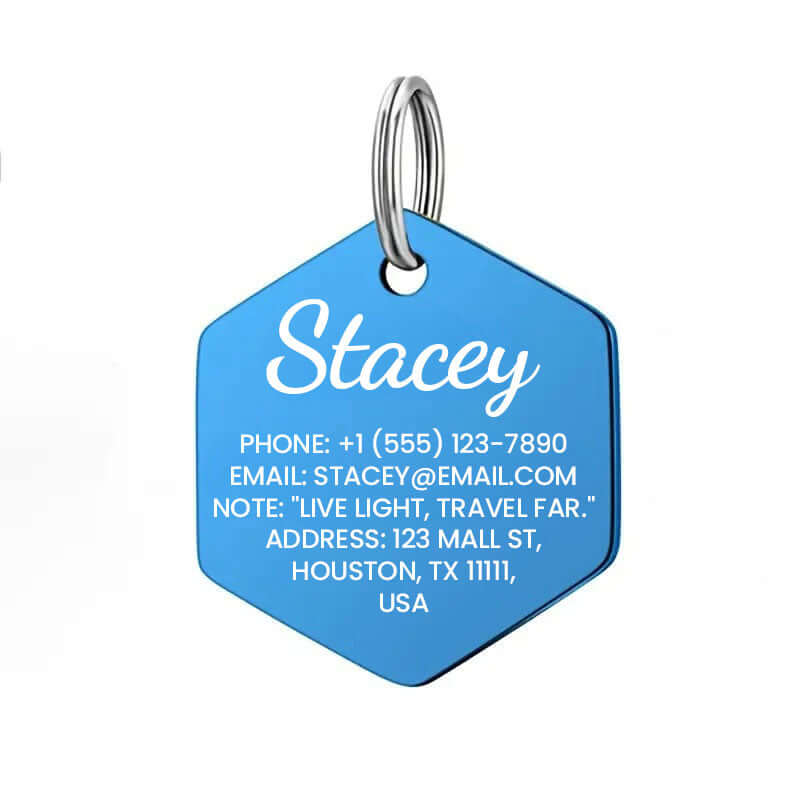 Hexagon pet tag with custom engraving for pets or luggage