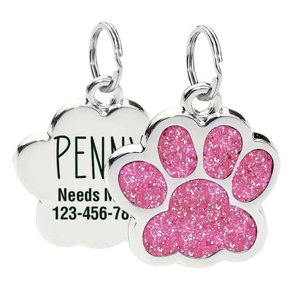 Glitter paw engraved pet ID tag in stainless steel finish