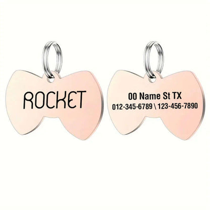 Stainless steel bow tie pet tag with engraved details