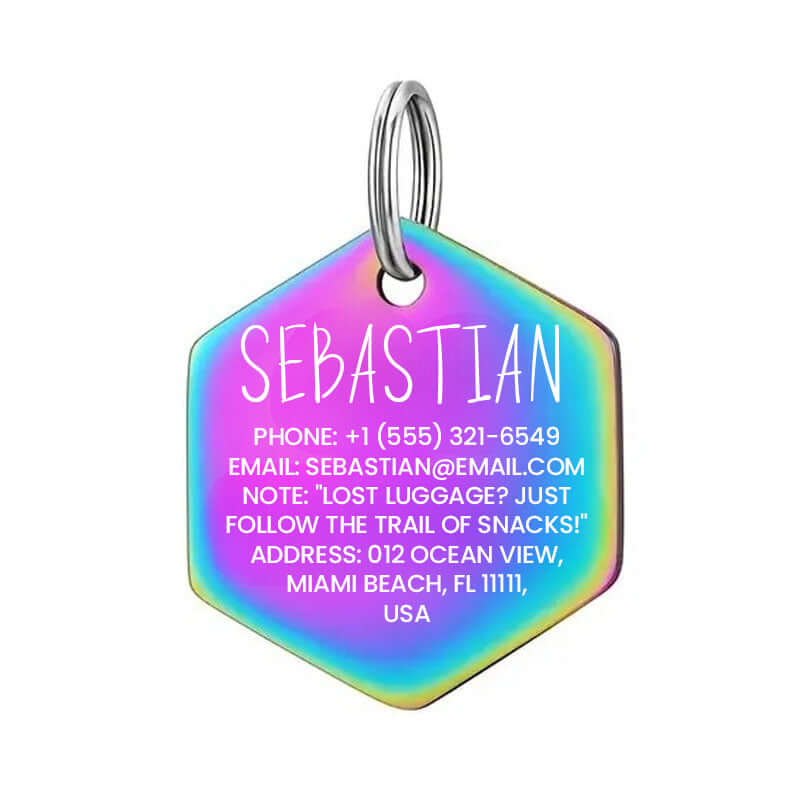 Hexagon pet tag with custom engraving for pets or luggage