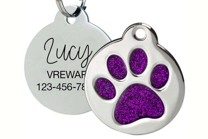 Engraved pet tag with glitter paw design for custom pet ID