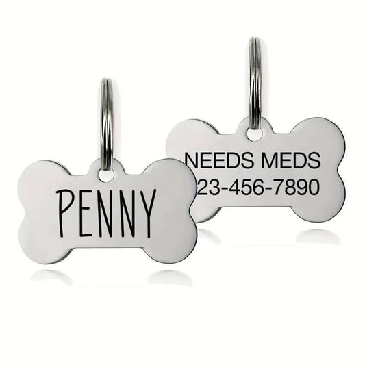 Bone-shaped dog tag with custom engraving in stainless steel