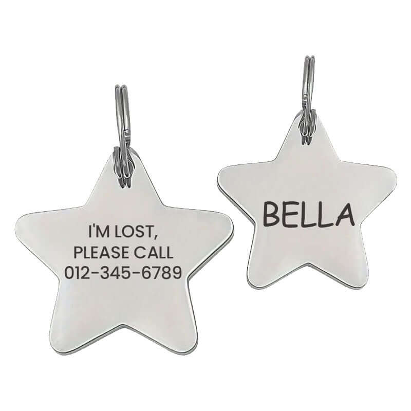 Custom engraved stainless steel pet tag in a star shape