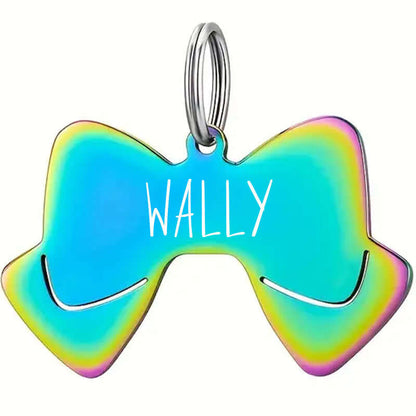 Stainless steel bow tie pet tag with engraved details