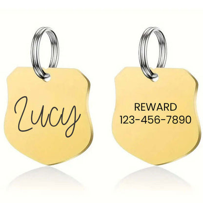 Custom engraved stainless steel pet tag shield shape