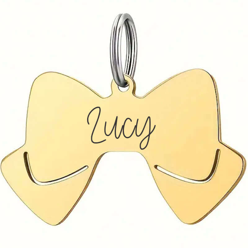 Stainless steel bow tie pet tag with engraved details