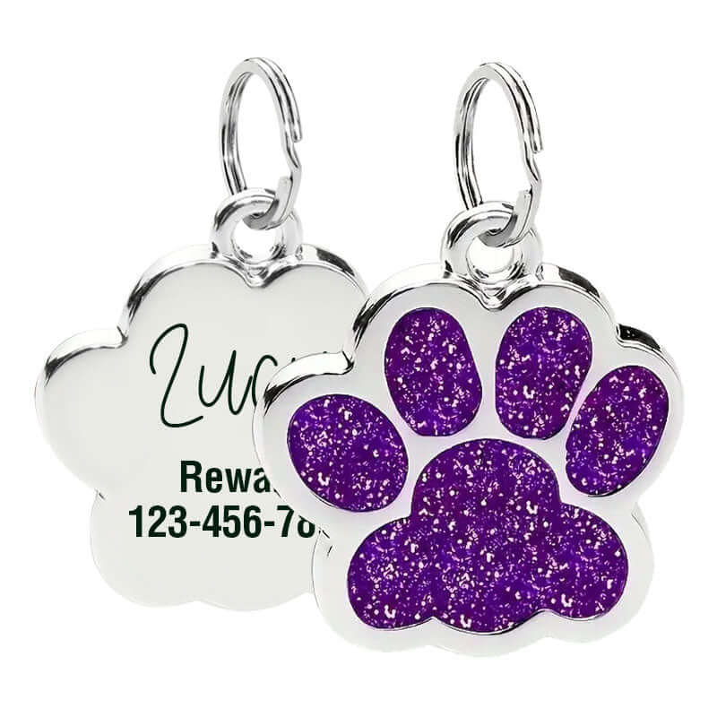 Glitter paw engraved pet ID tag in stainless steel finish