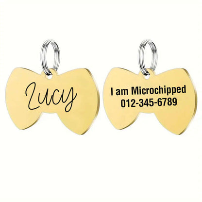 Stainless steel bow tie pet tag with engraved details