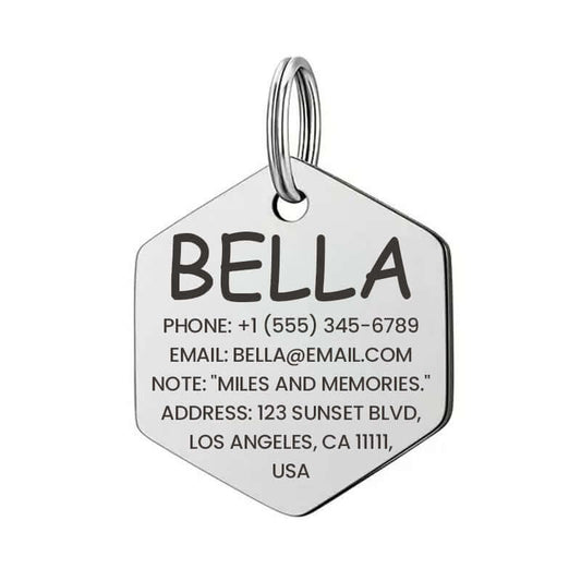 Hexagon pet tag with custom engraving for pets or luggage