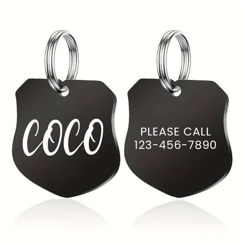 Custom engraved stainless steel pet tag shield shape