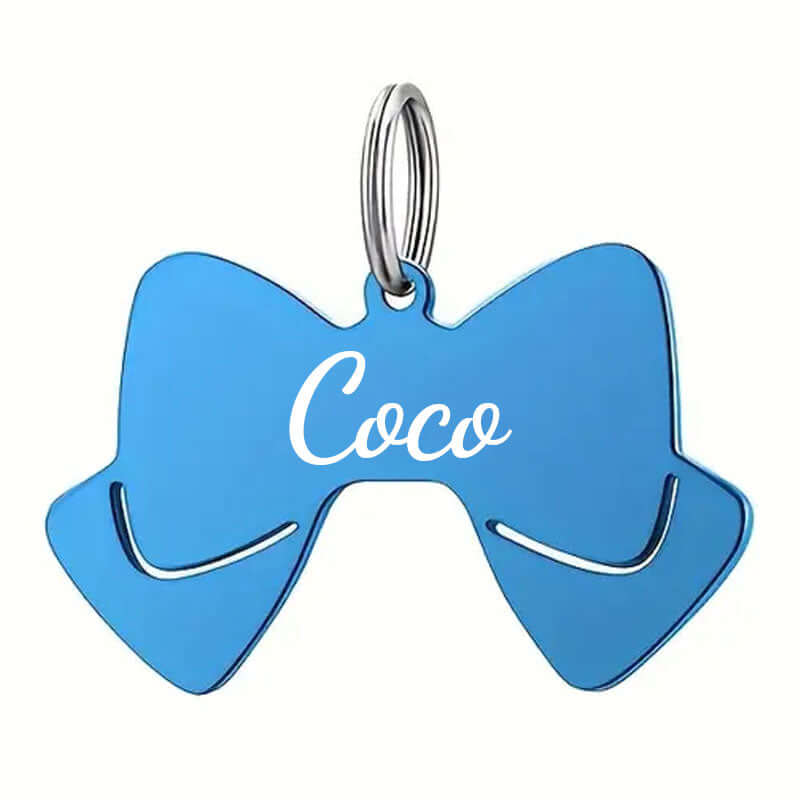 Stainless steel bow tie pet tag with engraved details