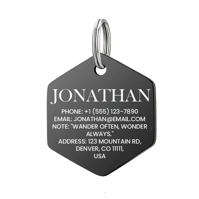 Hexagon pet tag with custom engraving for pets or luggage