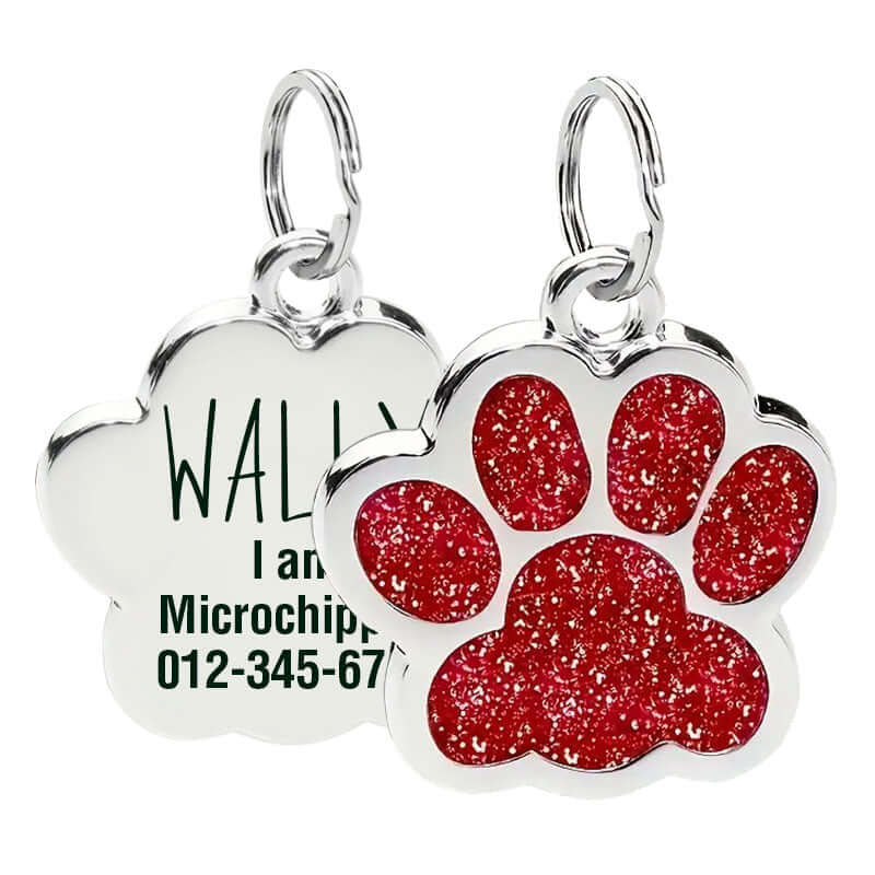 Glitter paw engraved pet ID tag in stainless steel finish