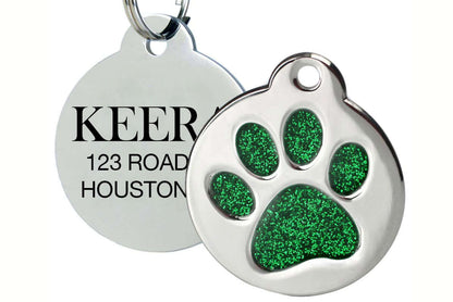 Engraved pet tag with glitter paw design for custom pet ID