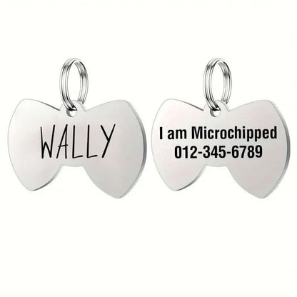 Stainless steel bow tie pet tag with engraved details