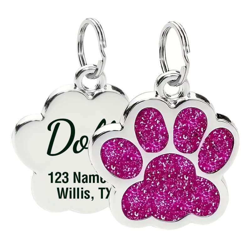 Glitter paw engraved pet ID tag in stainless steel finish