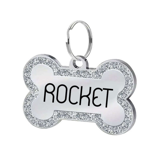 Custom engraved dog bone pet tag with colorful border