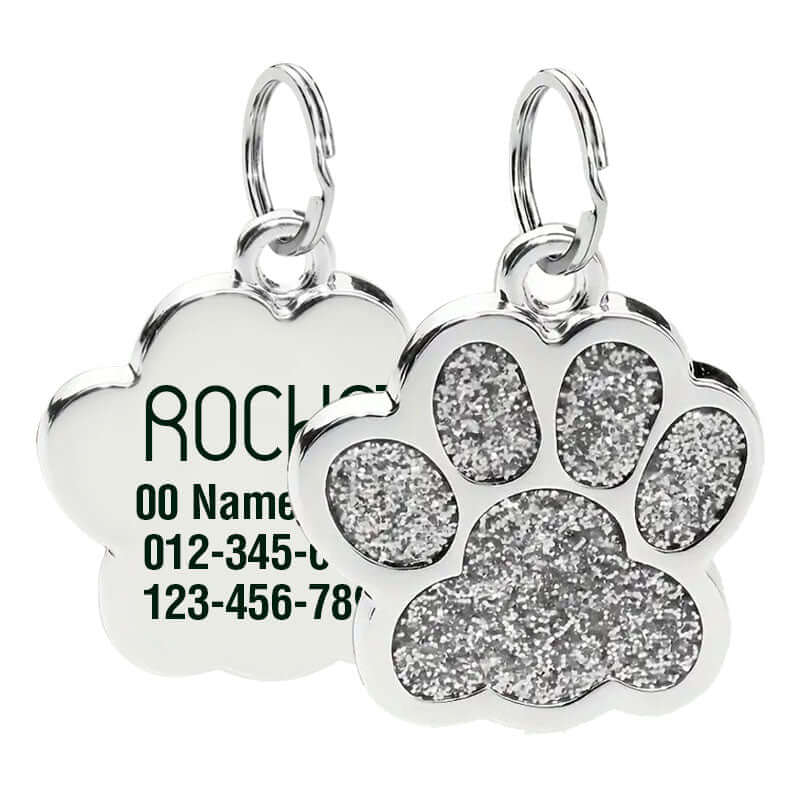 Glitter paw engraved pet ID tag in stainless steel finish