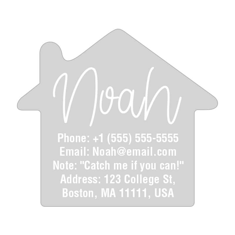 House-shaped pet tag with custom engraved dog tag details