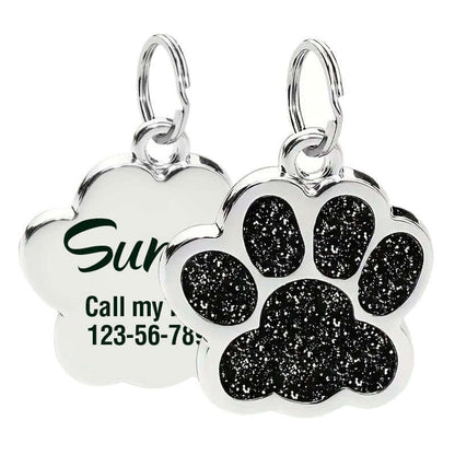 Glitter paw engraved pet ID tag in stainless steel finish