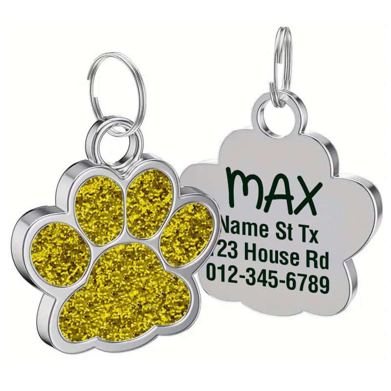 Glitter paw engraved pet ID tag in stainless steel finish