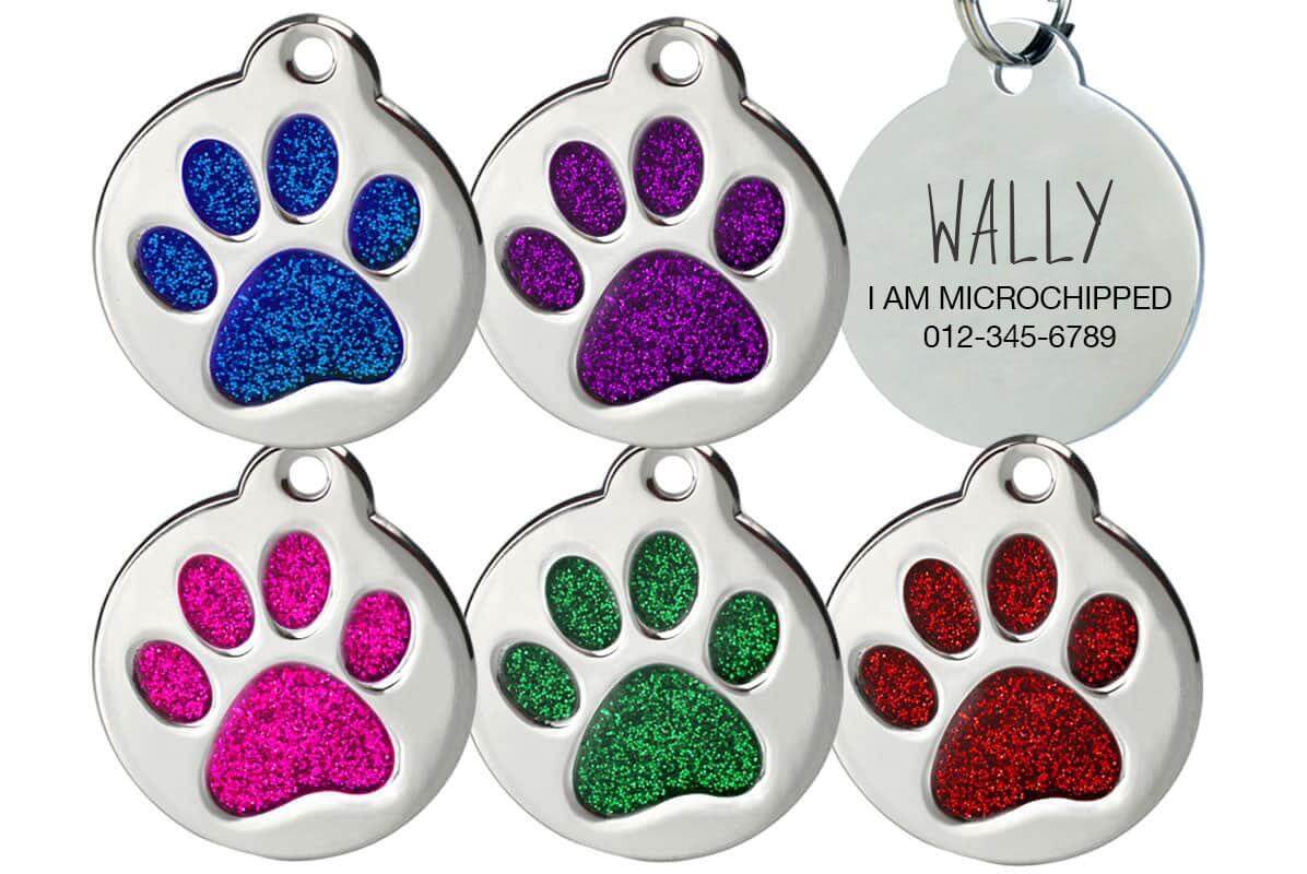 Engraved pet tag with glitter paw design for custom pet ID