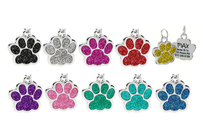 Glitter paw engraved pet ID tag in stainless steel finish