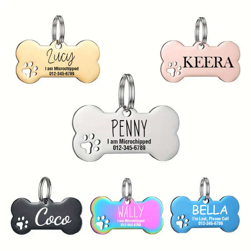 Bone dog tag with custom paw print engraving for pet ID